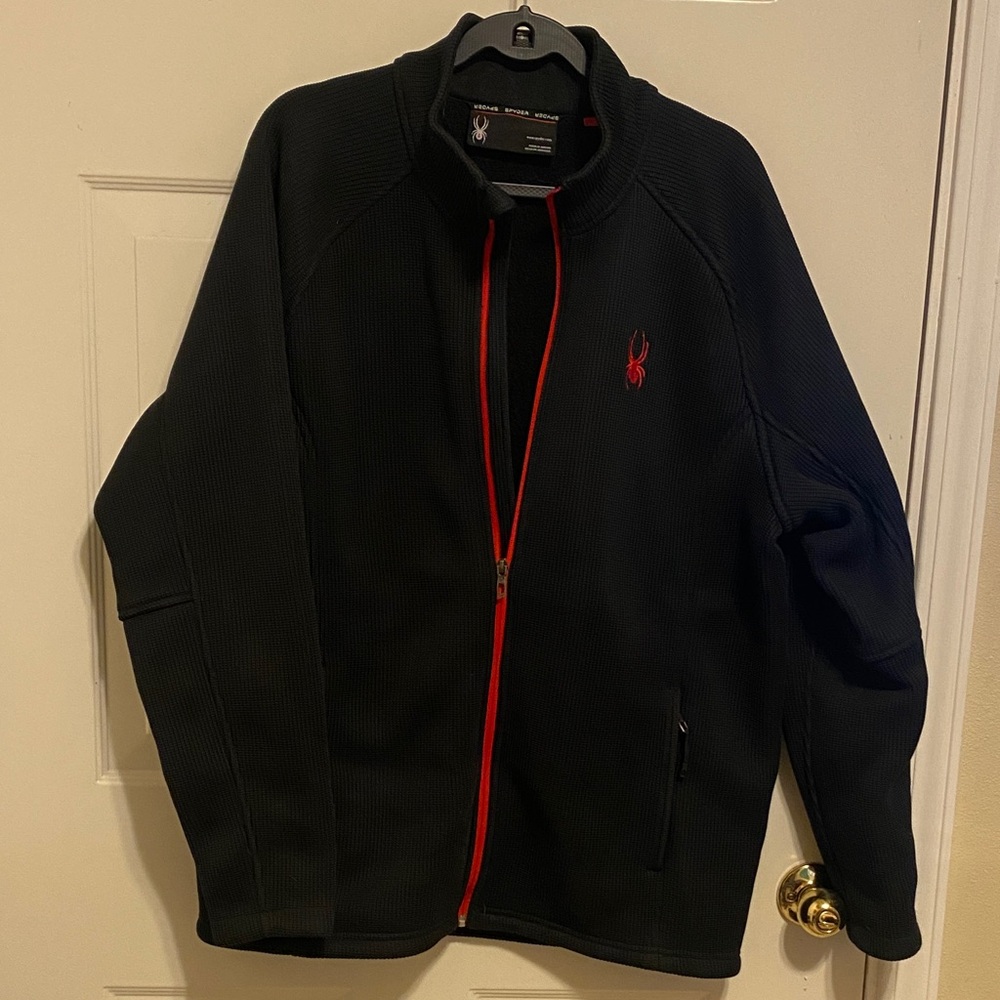 Spyder sweater knit outside/fleece lined inside  Black Jacket with Red Details
